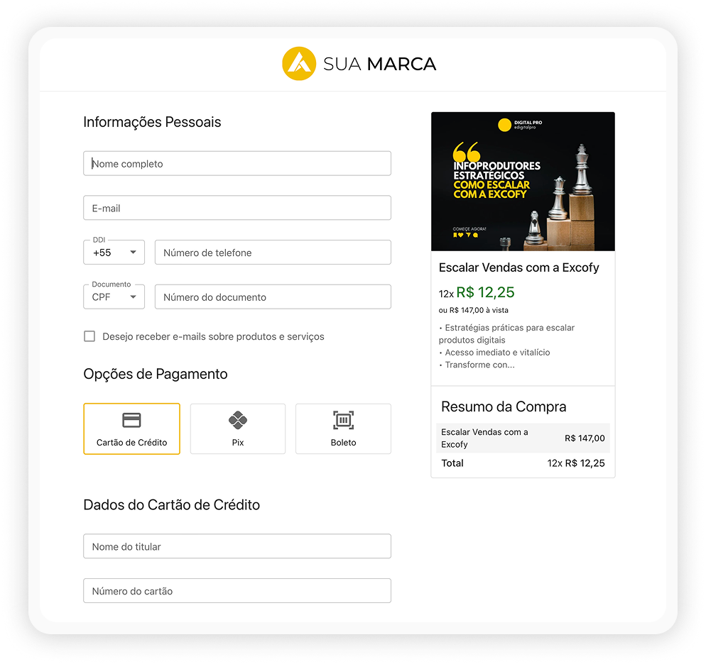 Tela da página de pagamento da Excofy para tablet, com formulário para informações pessoais e botões para escolher opções de método pagamento: cartão de crédito, pix e boleto alinhados a esquerda. E dados do produto alinhado à direita da tela.